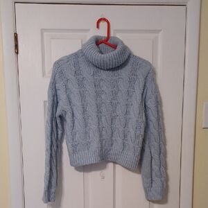 Better Garment Anthopology Sz XS Powder Blue Cable Knit, Crop Turtleneck Sweater